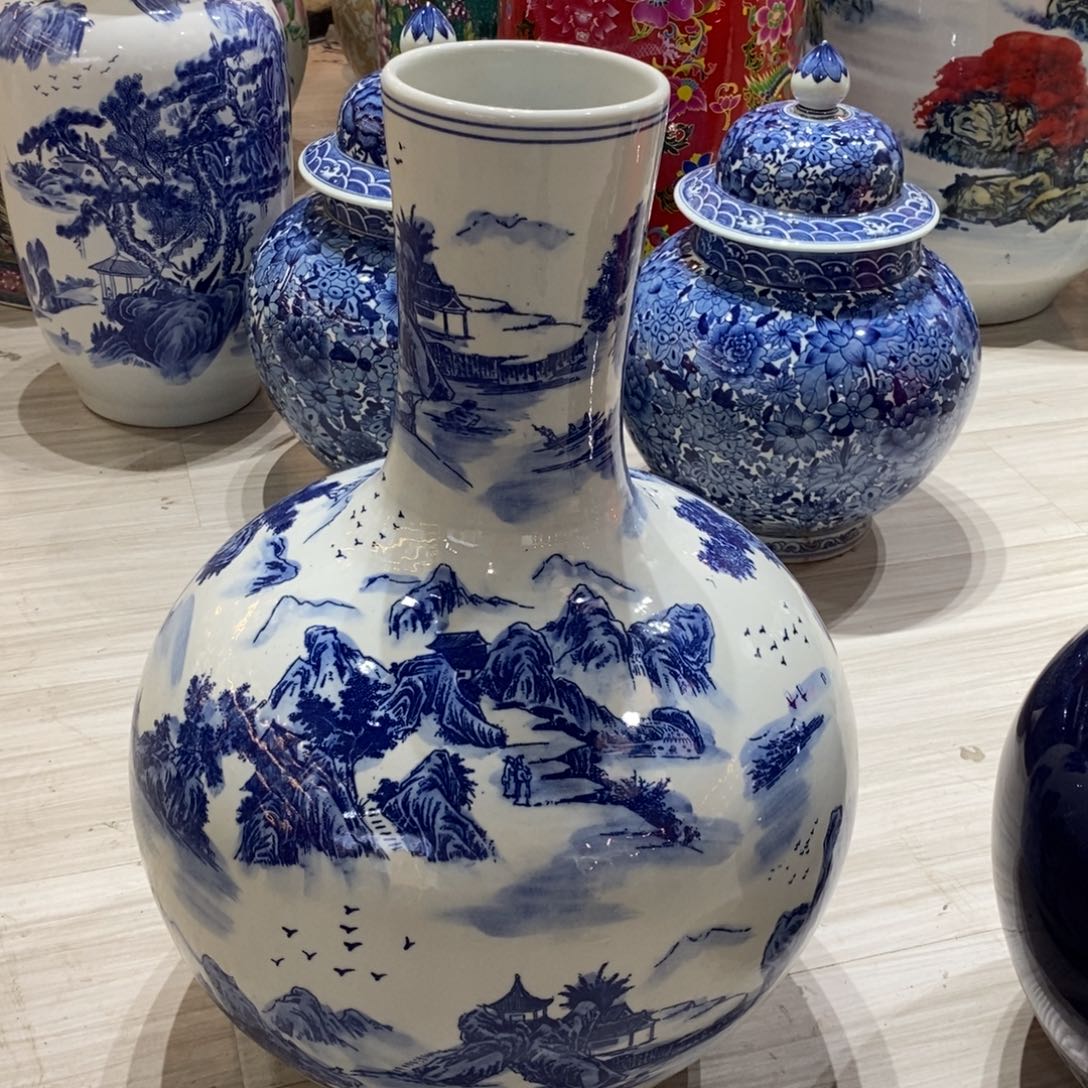 摆件陶55cm青花山水天球瓶