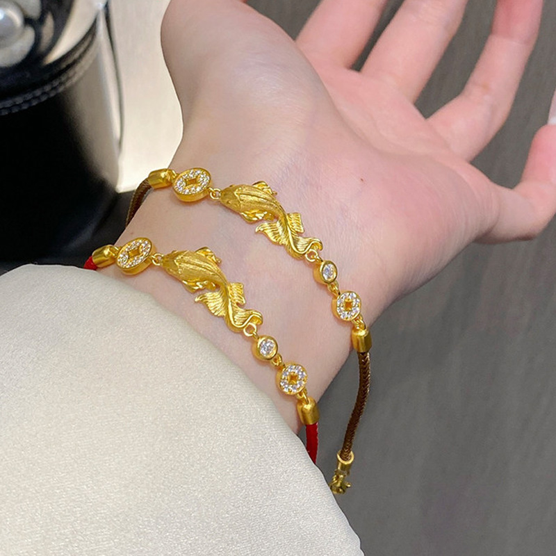 足金999拉丝好运锦鲤黄金手绳年年有余手链情侣款红绳520新年送礼