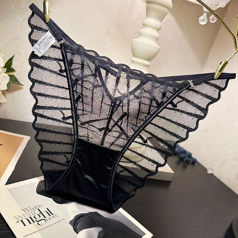 无痕轻薄透气网纱条纹蕾丝内裤女士性感风中低腰细带三角裤裤头