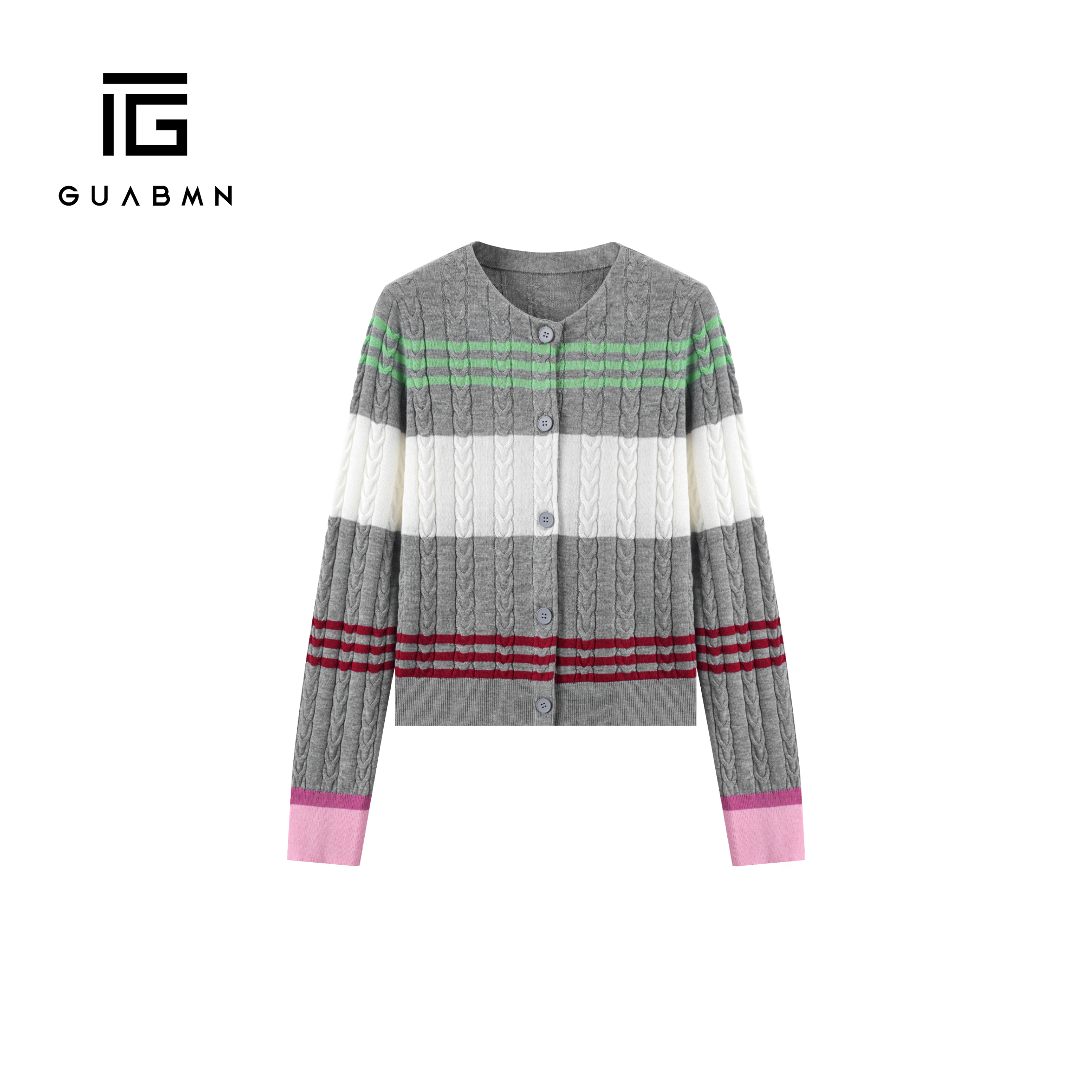 GUABMN2025秋季新款复古绞花条纹拼色短款圆领针织开衫上衣5828