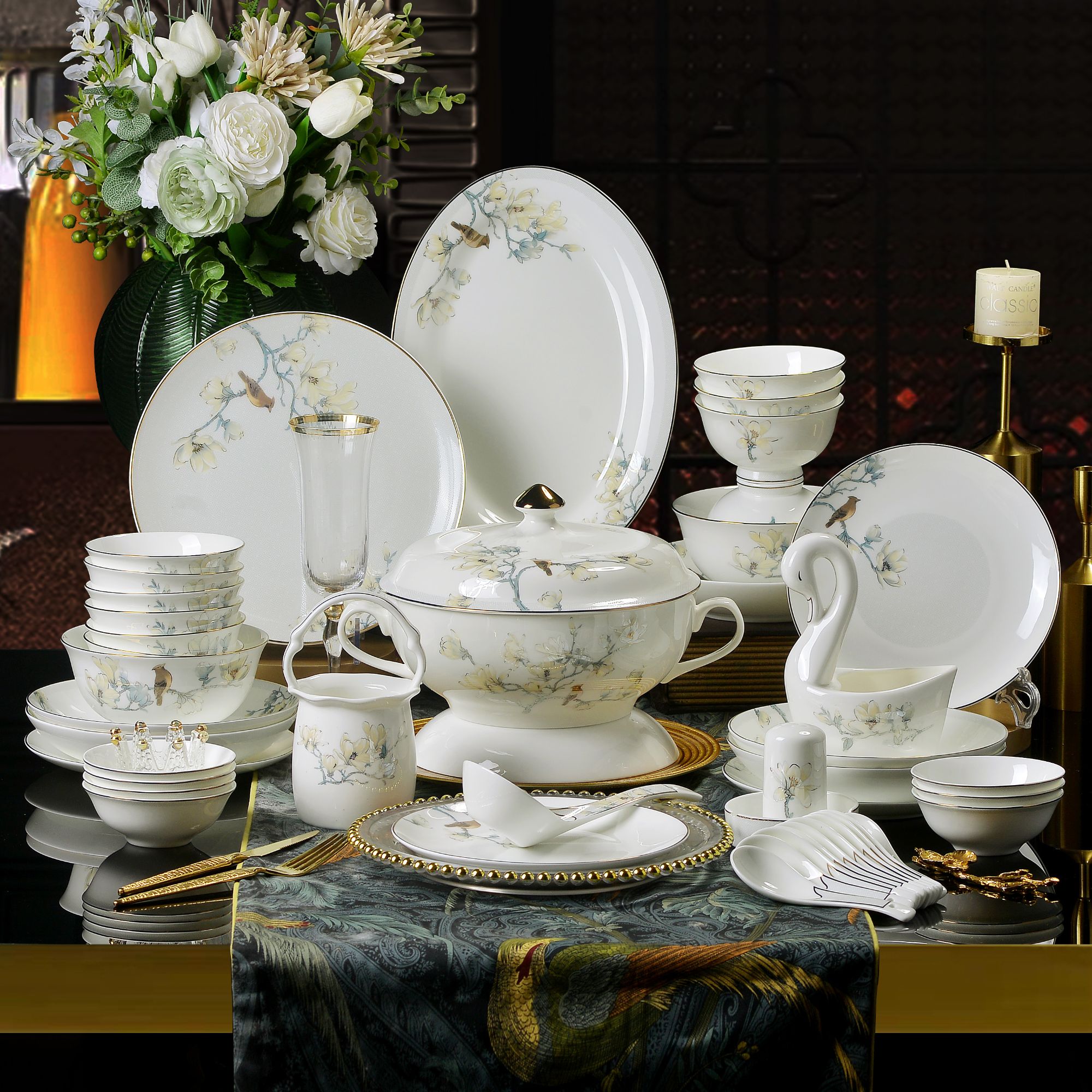 【花鸟升平】80件景德镇高颜值餐具松弛感家用送礼碗碟套装家庭