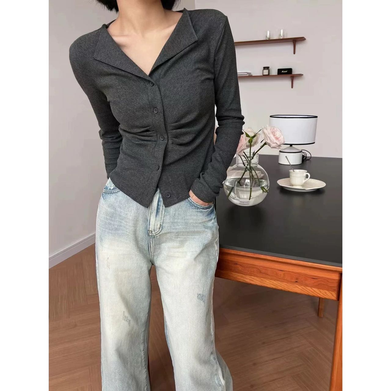 【省心穿搭】气质长袖单排扣不规则褶皱收腰显瘦百搭T恤女7647#0.08