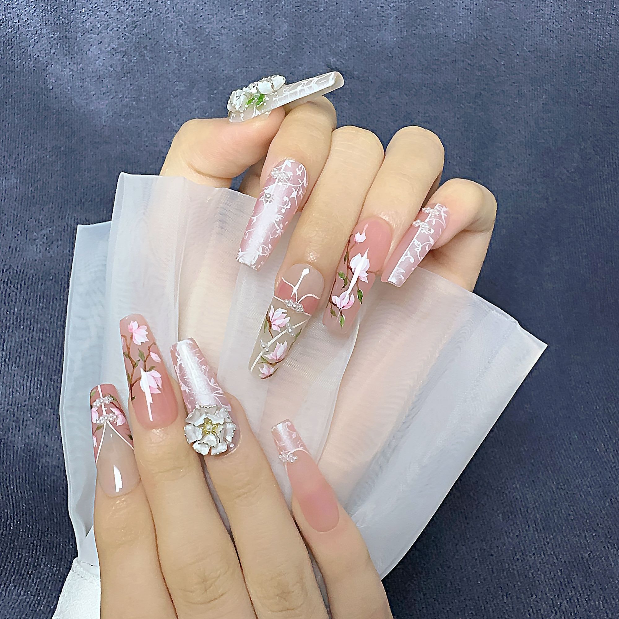 【财阀4~】【玉兰倚裳】纯手工玉兰花掐丝手绘温柔穿戴甲气质显白