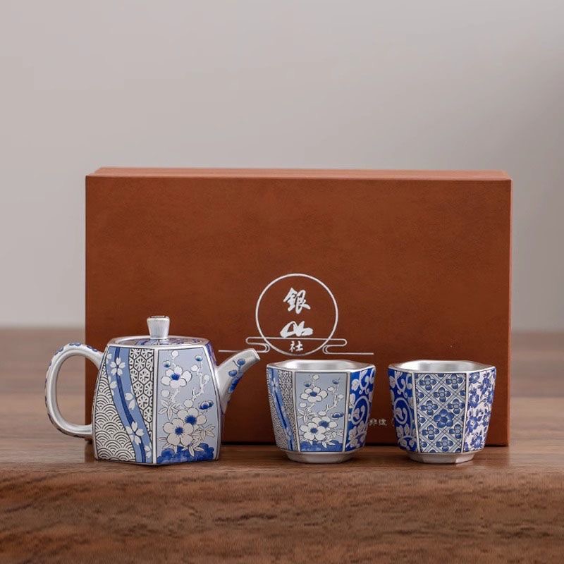 鎏银陶瓷功夫茶具套装一壶两杯防烫茶壶茶杯送长辈领导伴手礼盒装