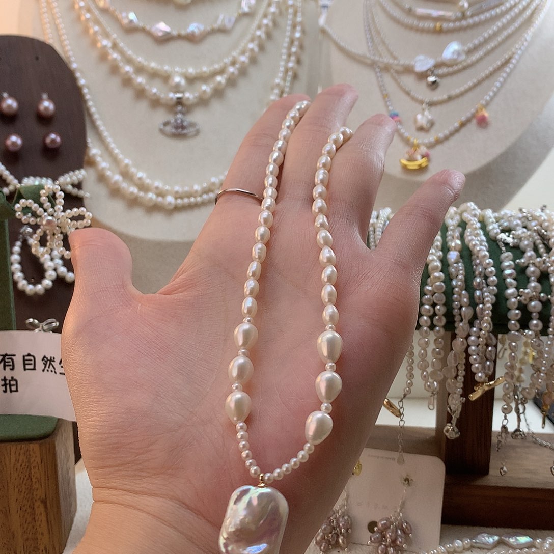 A***子颈饰淡水珍珠银S925镶嵌方巴