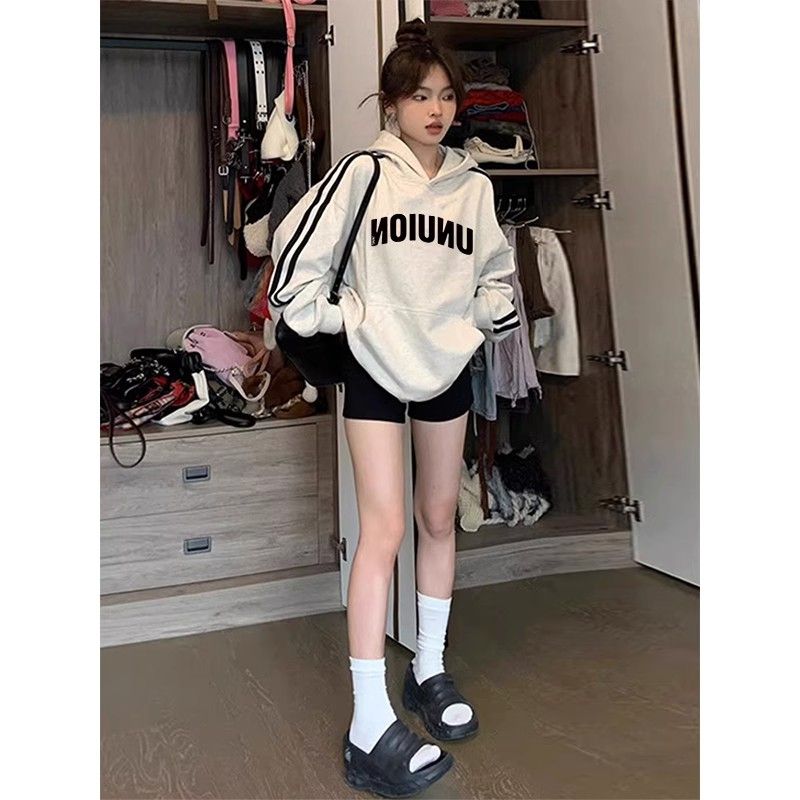 三杠拼接撞色连帽卫衣女秋冬季国潮时尚休闲宽松设计感小众上衣