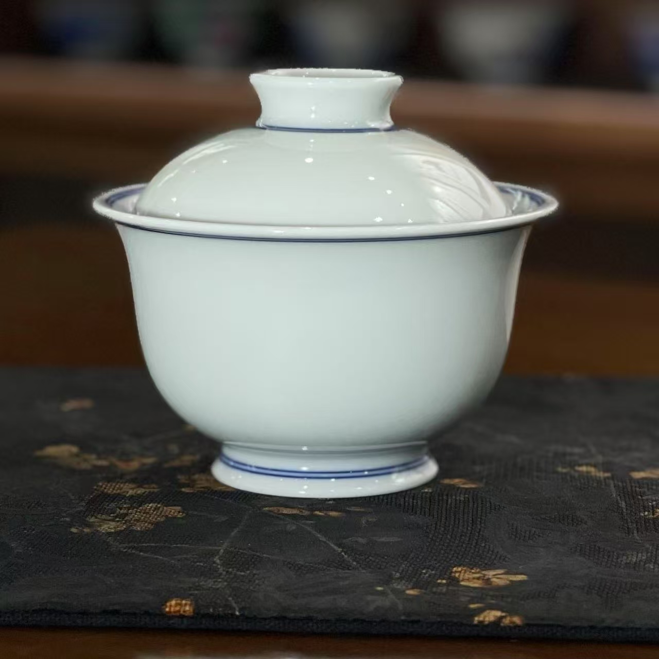 青花线圈仿古二才盖碗泡茶碗小盖碗白瓷中式茶具手工手绘陶瓷盖碗