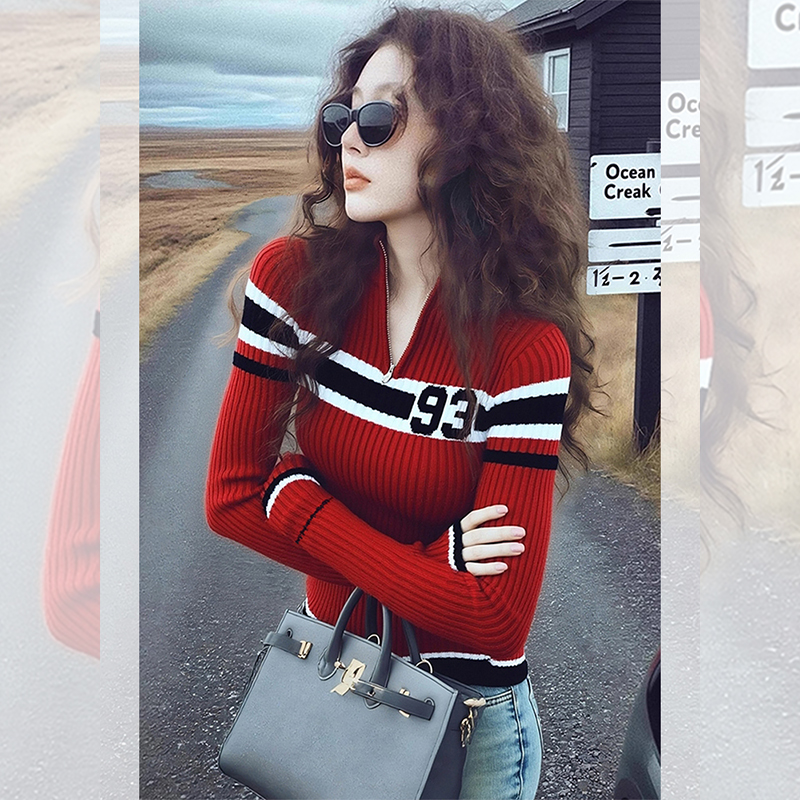 独特漂亮红色内搭小衫打底拉链立领针织衫女装秋冬洋气高贵上衣服