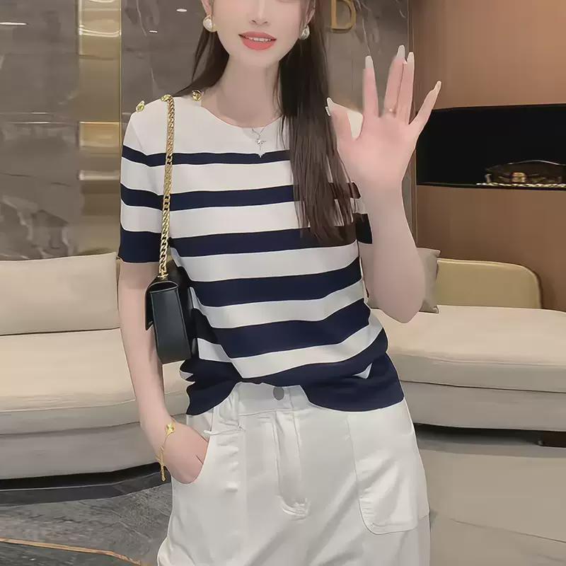 设计感撞色条纹短袖T恤女2025夏季新款大码胖mm薄款显瘦百搭上衣