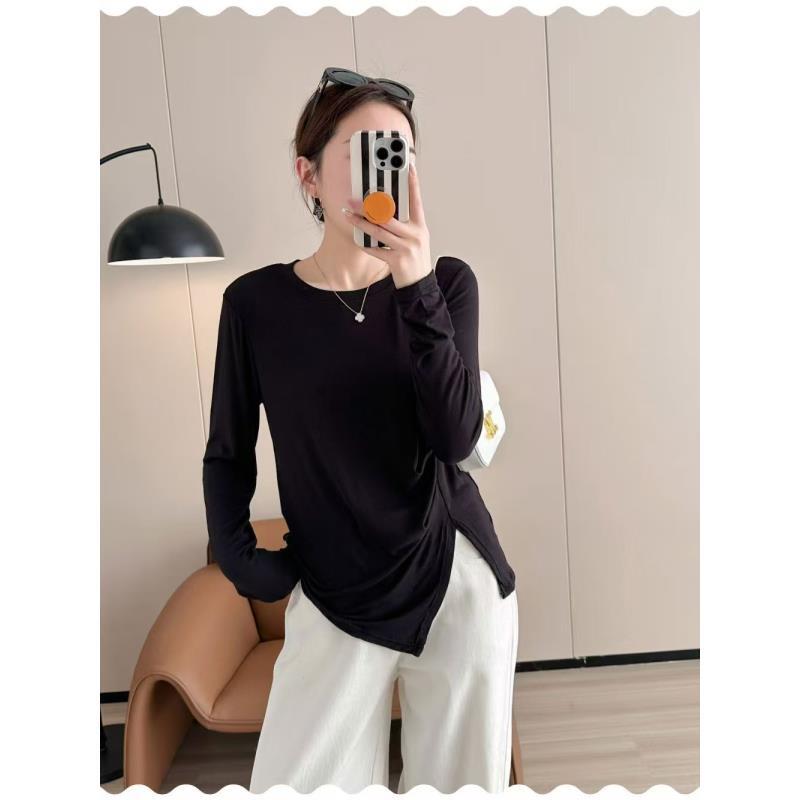 [天生丽质]侧开叉褶皱圆领长袖罩衫女3308款时尚