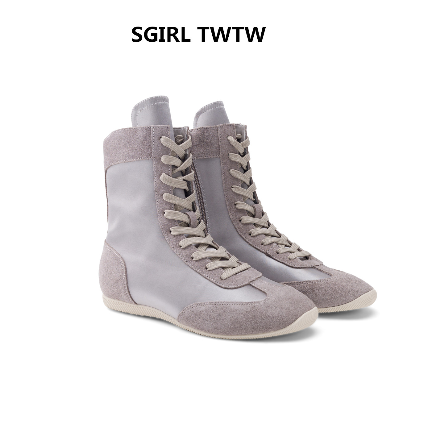 SGIRL TWTW2025年秋季新款真皮拼色平底绑带显瘦百搭高帮鞋短靴女