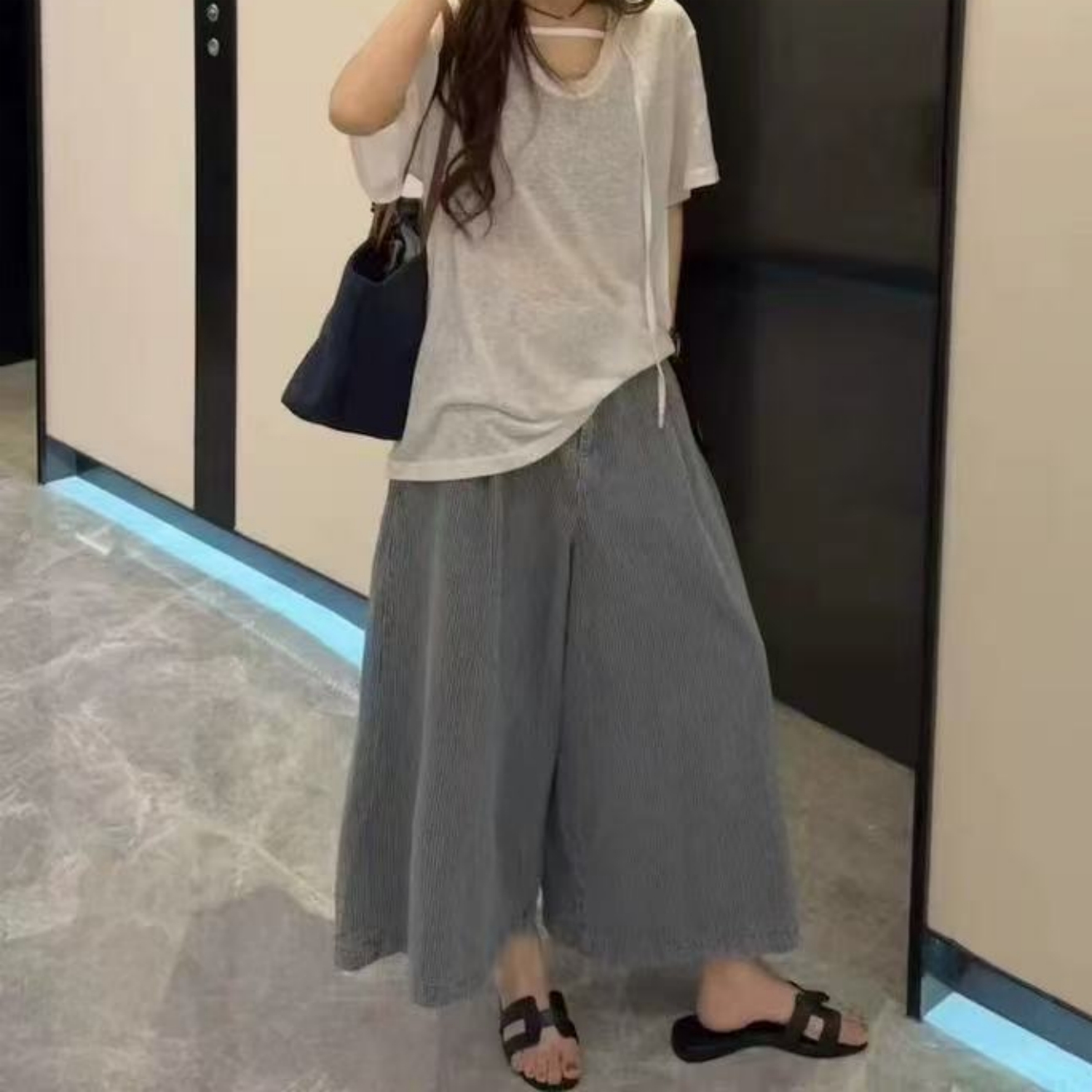 Z.X   设计款竖条纹八分阔腿裤（无腰带）  9067（C3↓）