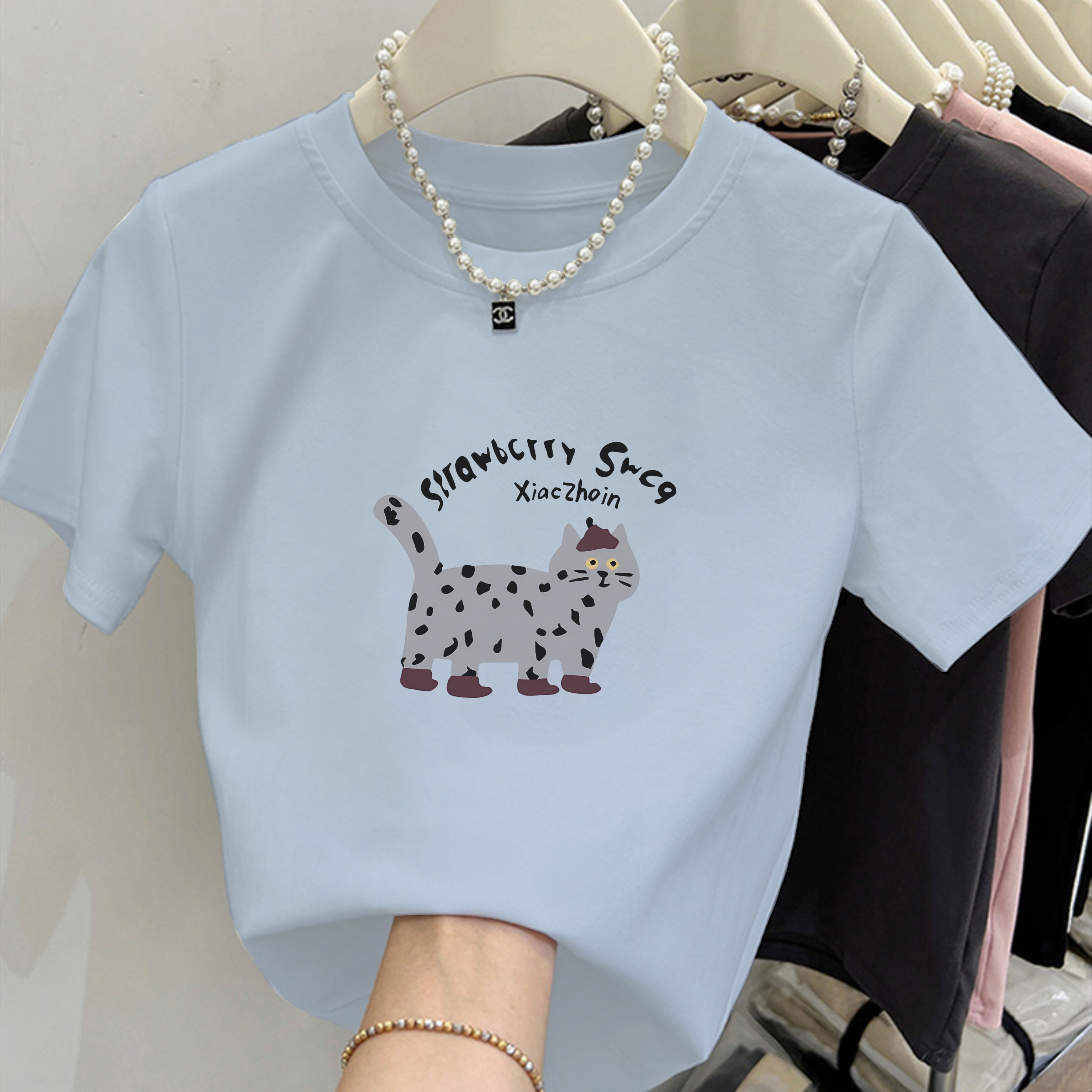 2025新款圆领灰色斑点猫咪印花纯棉短袖小个子女修身显瘦百搭上衣