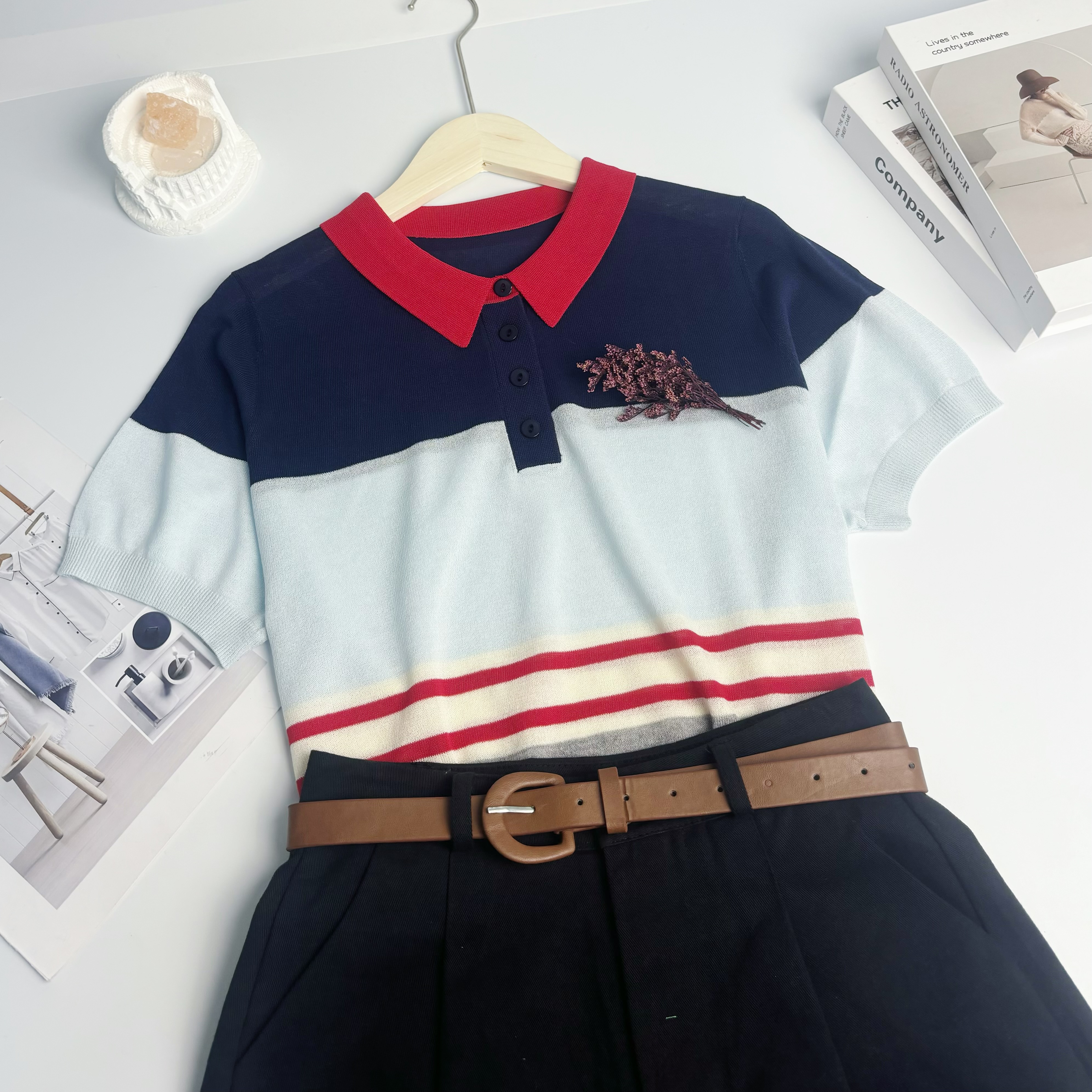 新新定制-翻领拼色微透字母款短袖针织衫女条纹休闲上衣137821