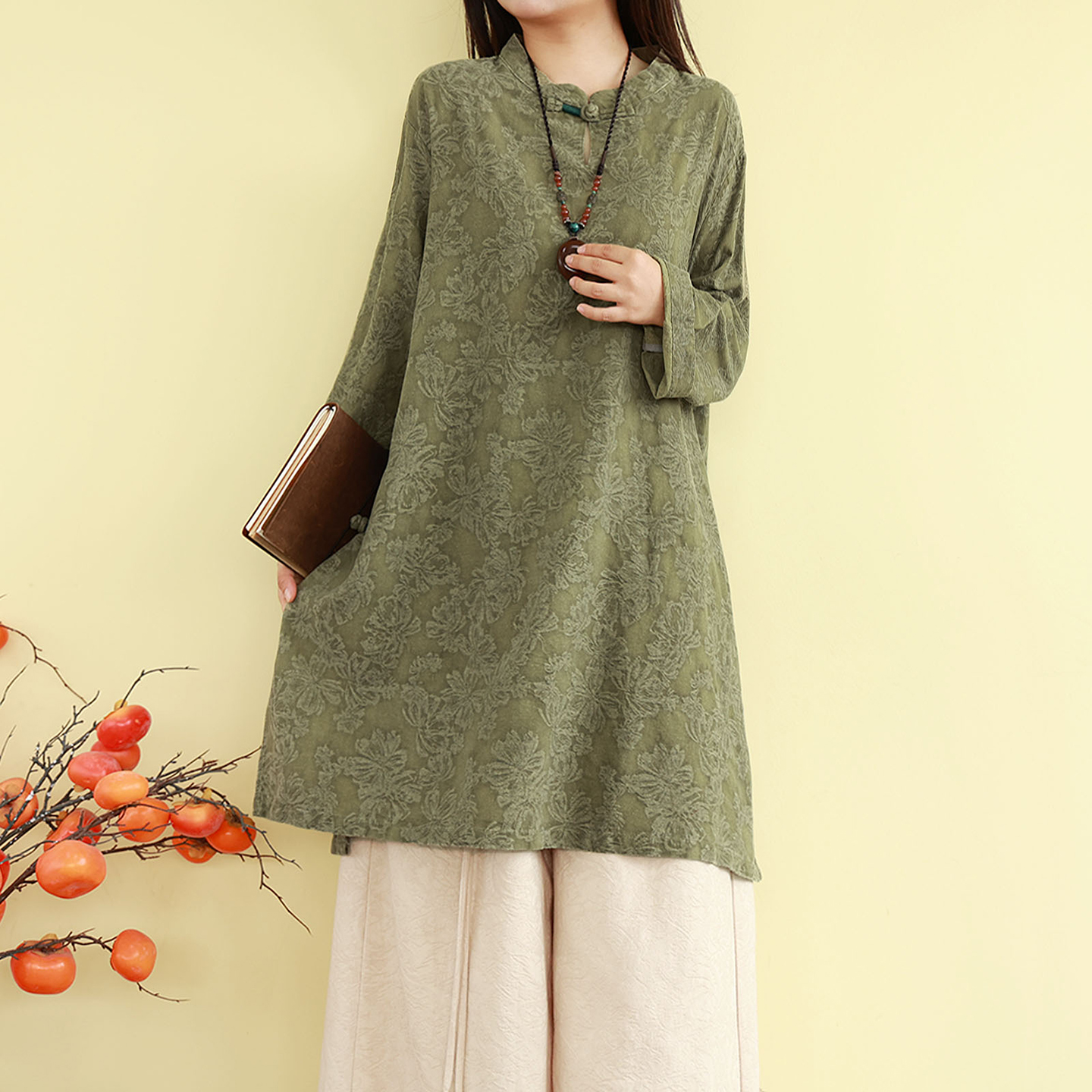 复古新中式亚麻提花衬衫女秋冬季中长款长袖宽松茶服盘扣显瘦上衣