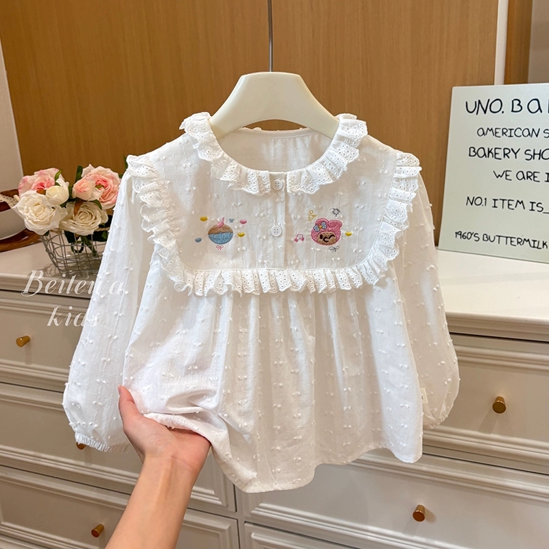 新款女童秋装百搭白色刺绣衬衫女宝宝韩版休闲款时尚洋气潮流童装