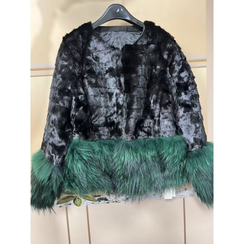 火火家  女款 拼接水貂 狐狸毛皮+毛一体新款外套女秋冬gp