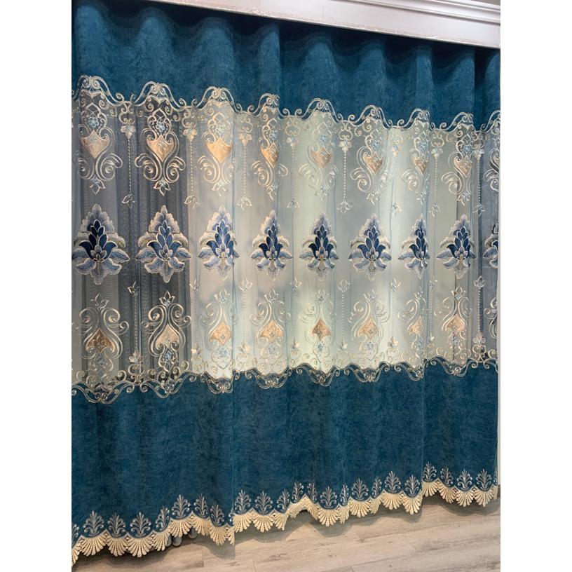 3.1米高雪尼尔重工刺绣大镂空蓝色客厅成品窗帘