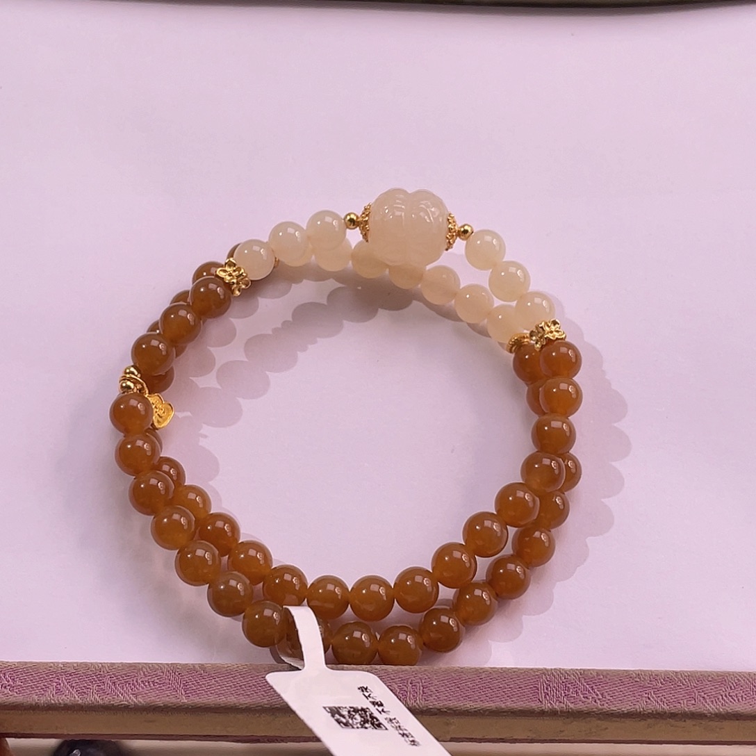 银S925镀金镶嵌手串和田玉新疆且末糖玉设计款双圈