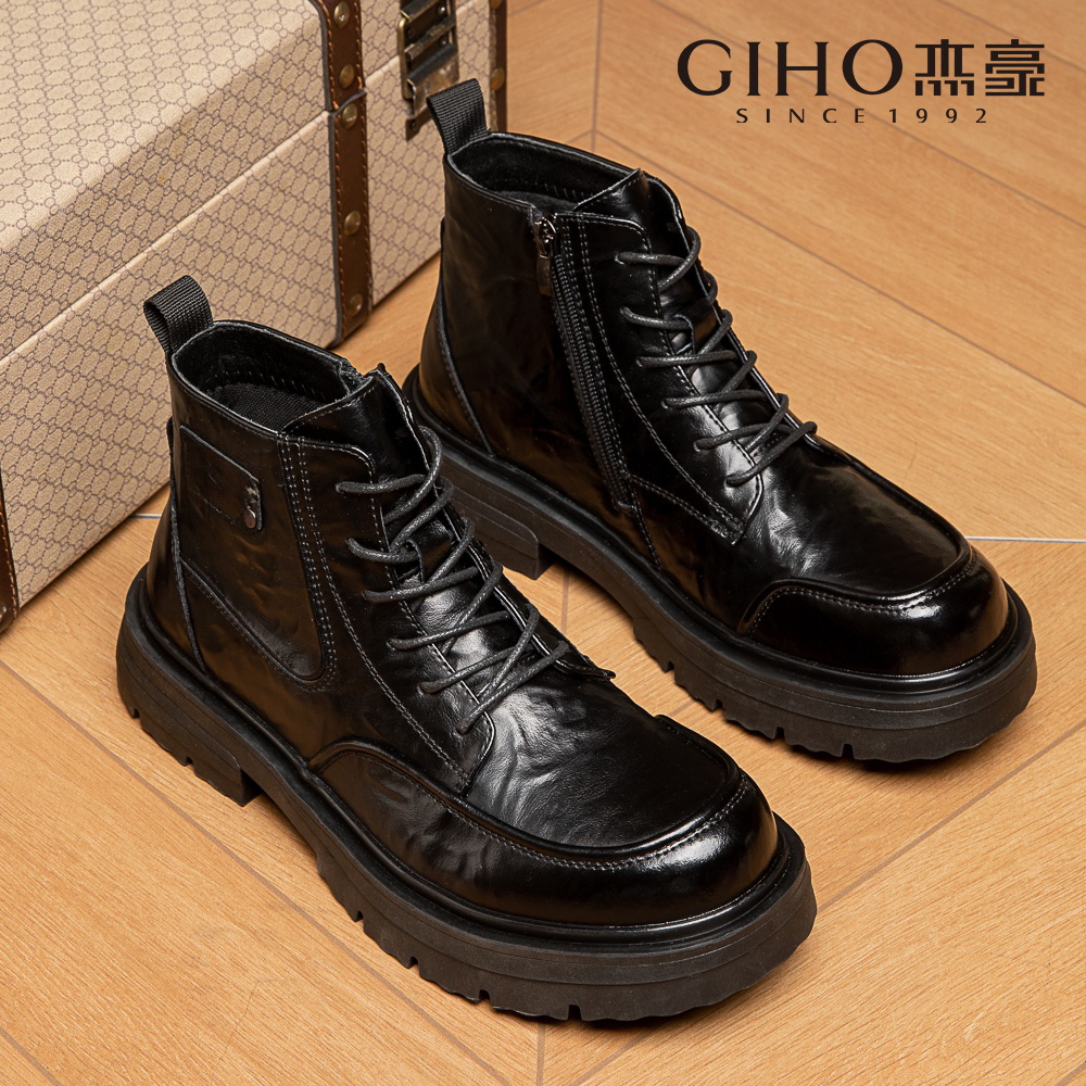 GIHO/杰豪2025新款男士马丁靴休闲时尚高帮工装加绒皮鞋