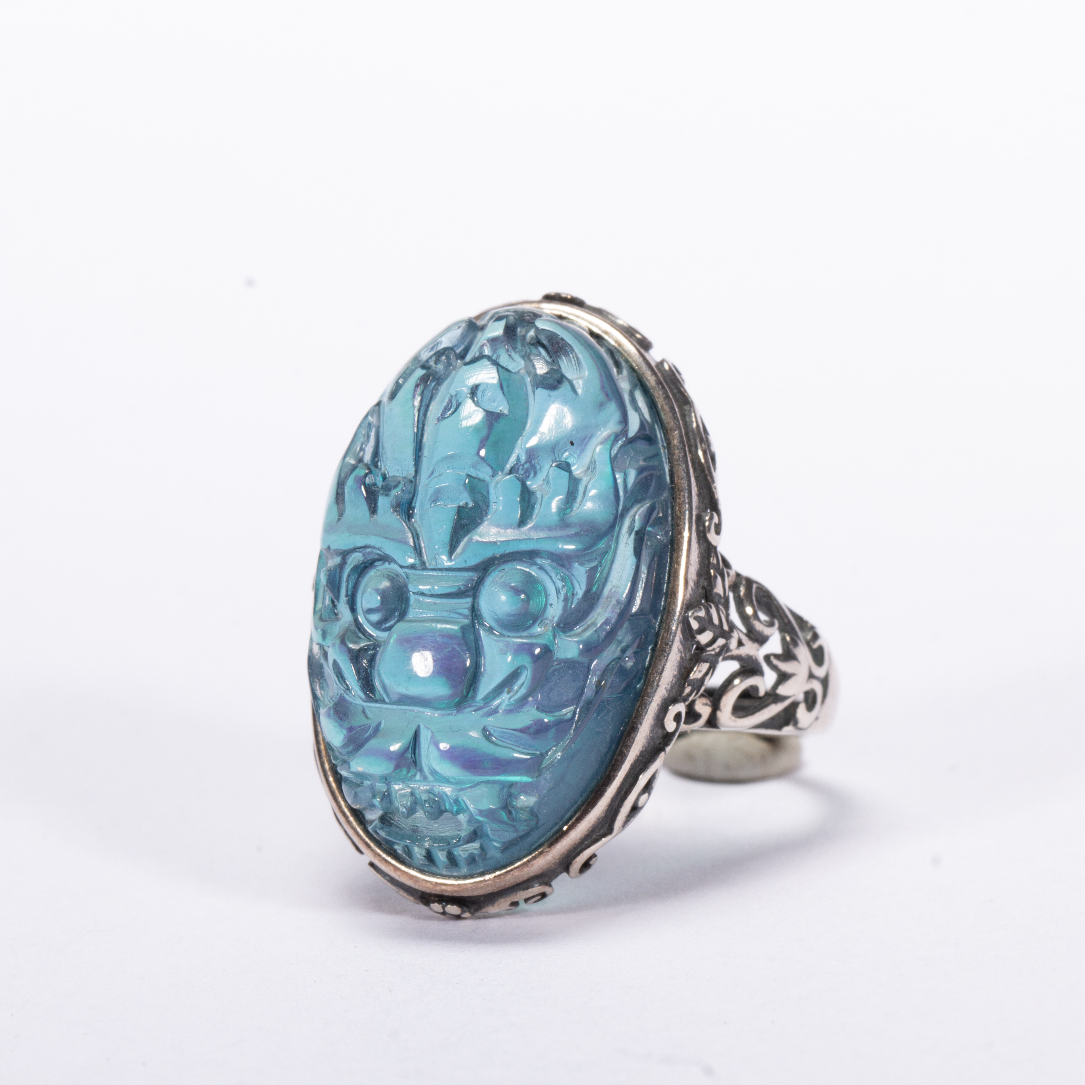 【程田文物】清-银-嵌海蓝宝兽面纹戒指250103-4