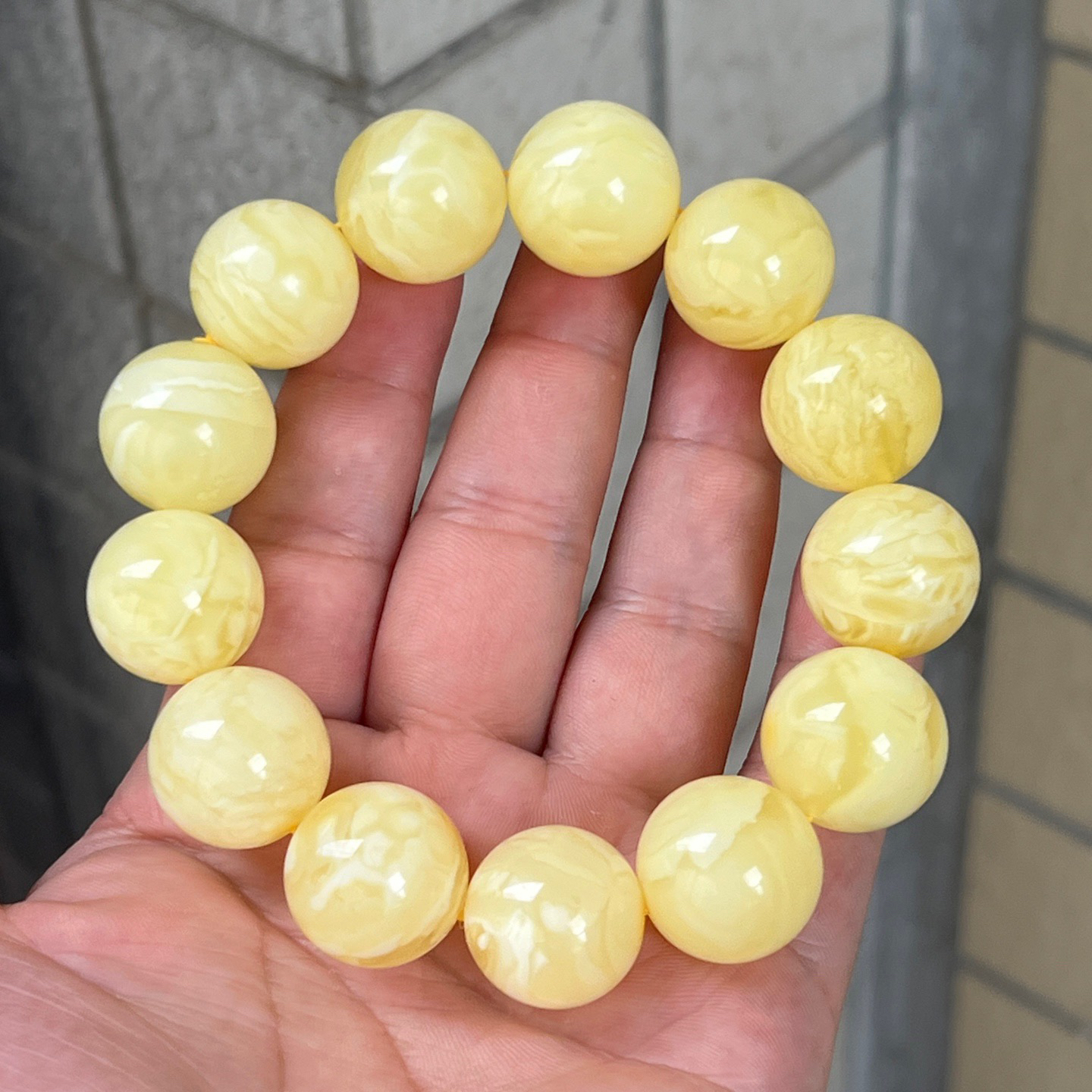 46.35 18mm+天然精选头货 满蜡黄白花蜜蜡单圈手串 原矿保真