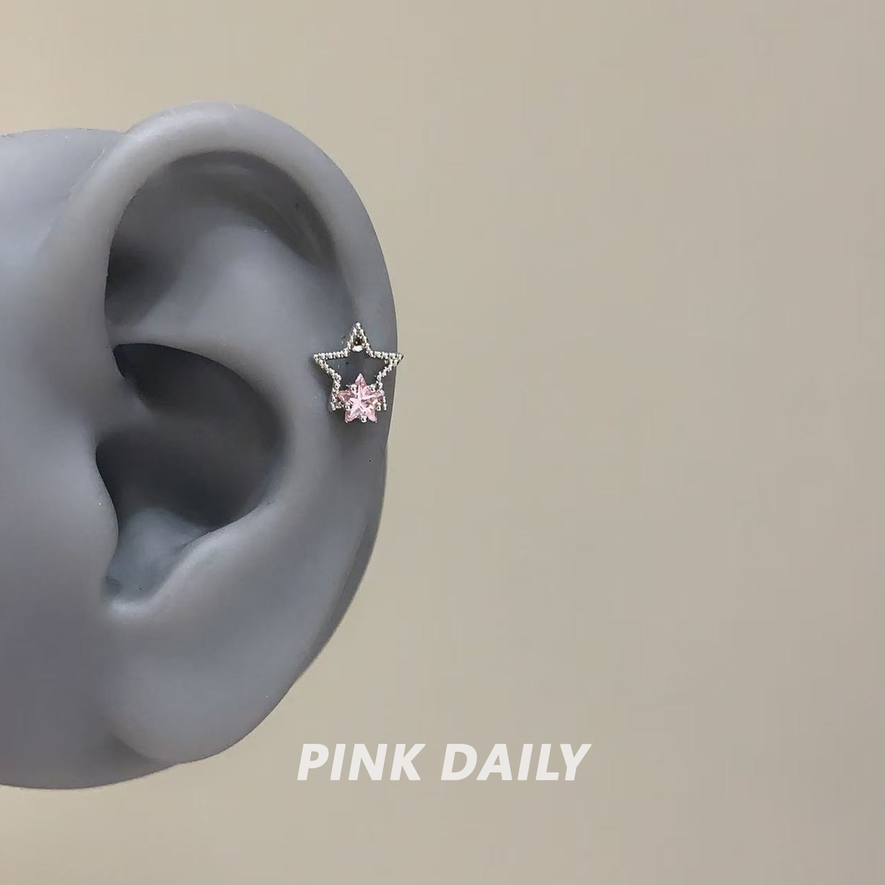 钛钢锆石耳饰 Pink Daily粉色锆石镂空双五角星耳钉甜美百搭耳饰