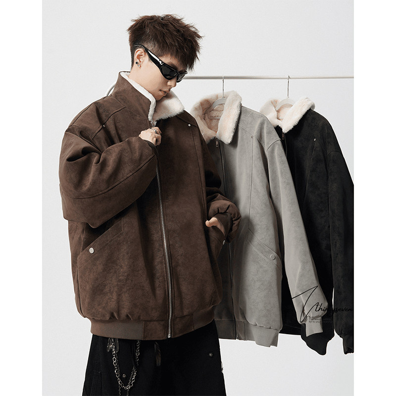 JVR/杰威瑞设计感解构分割羊羔绒翻领棉衣男冬美式扎染保暖皮棉服