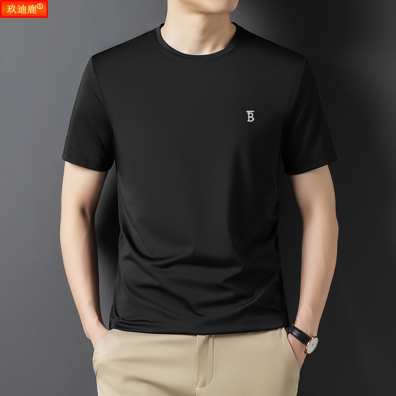玖迪鹿夏季T恤男士衣服运动圆领桑蚕丝短袖体恤轻奢高端休闲薄款