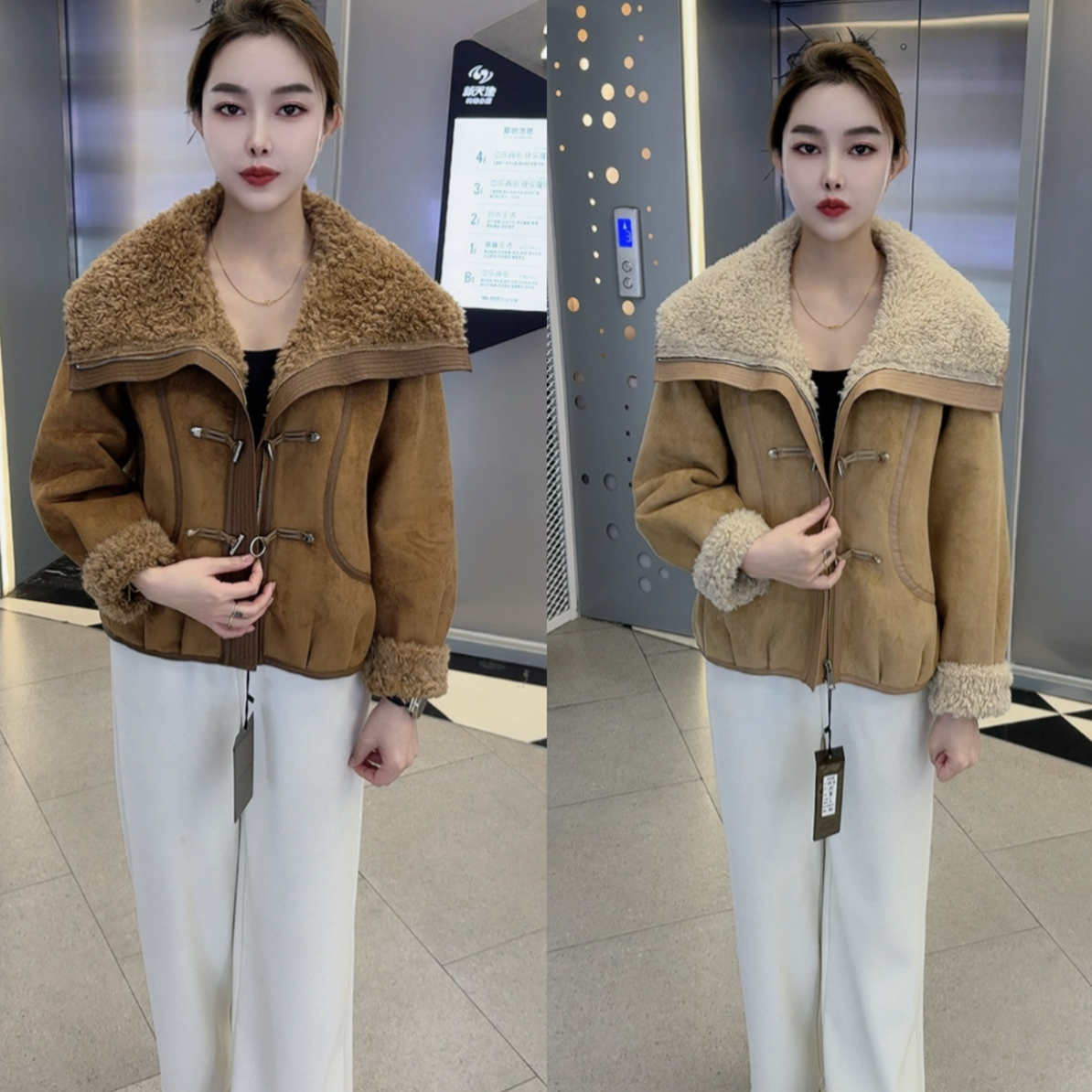 冬季新款网红韩版时尚百搭翻领美扣加绒保暖外套女