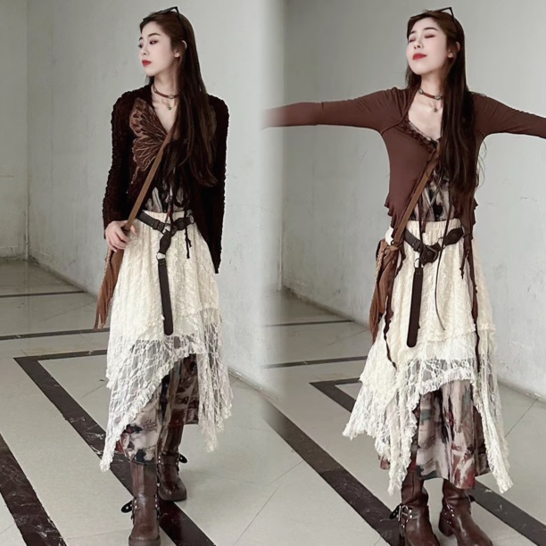 大西北草原穿搭废土风晕染印花连衣裙夏季挂脖两穿吊带裙不送腰带