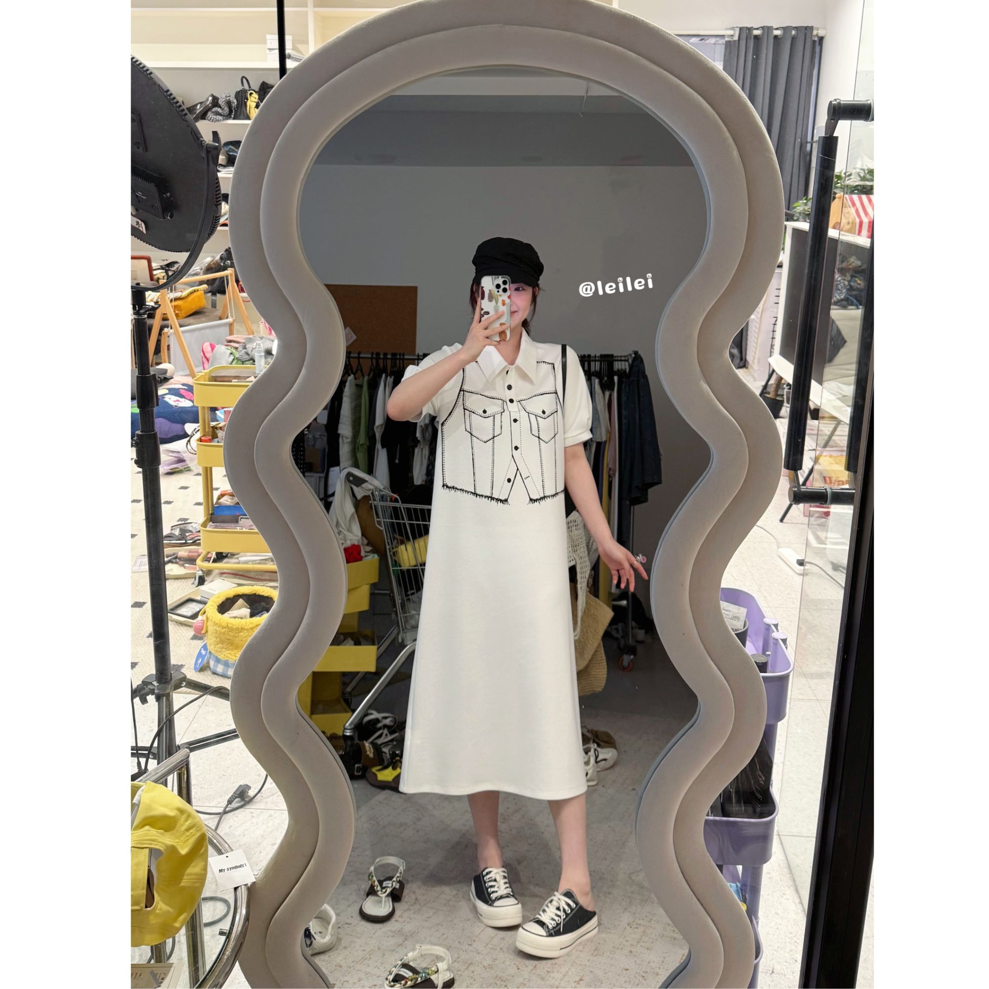 晶咕【慵懒界线】设计感撞色马甲假两件polo领短袖连衣裙