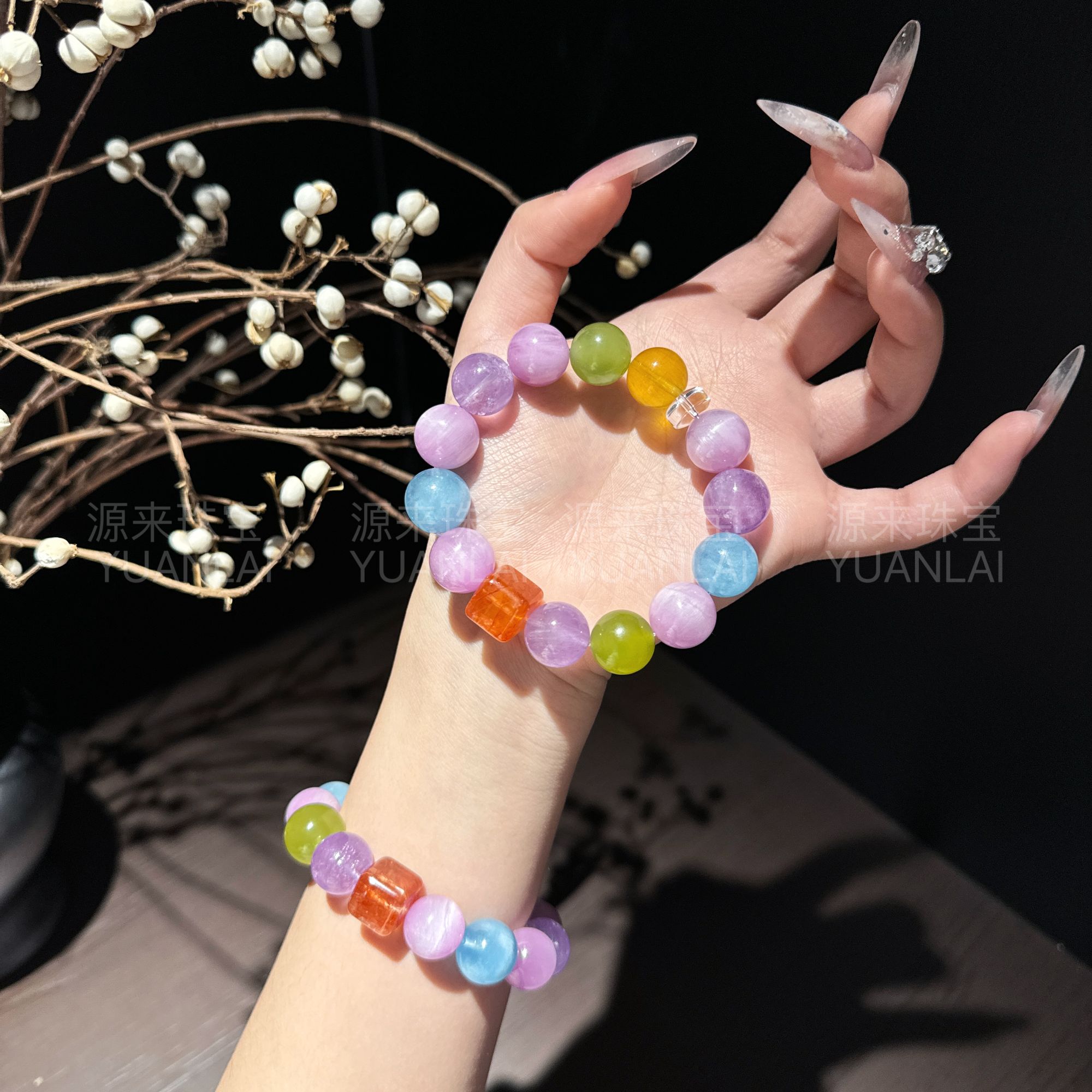 F*幻彩甜珠*胶花岫玉紫水萤石手串YY3495