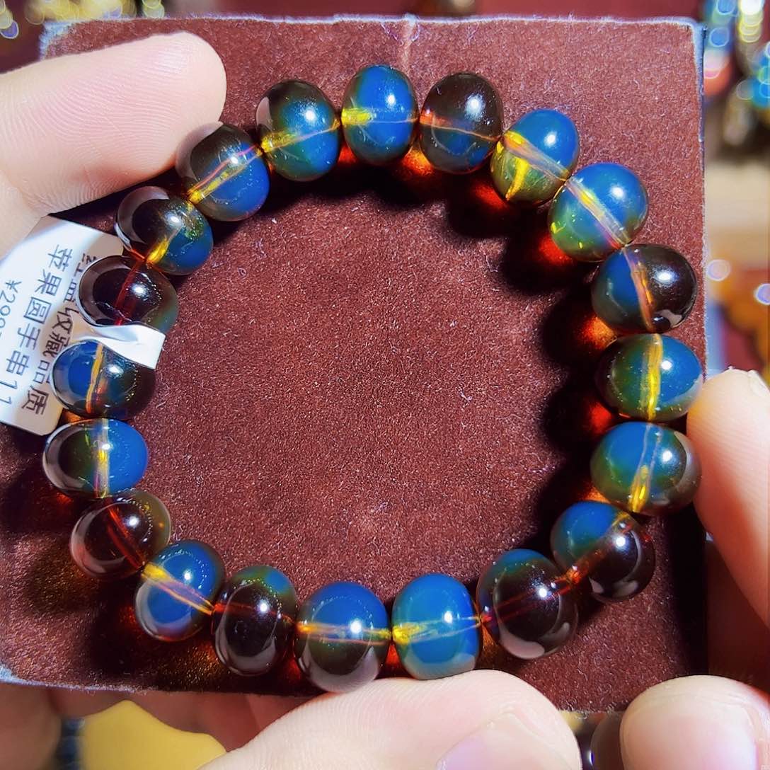 蓝珀珠宝奇石未镶嵌墨西哥11mm红蓝苹果园