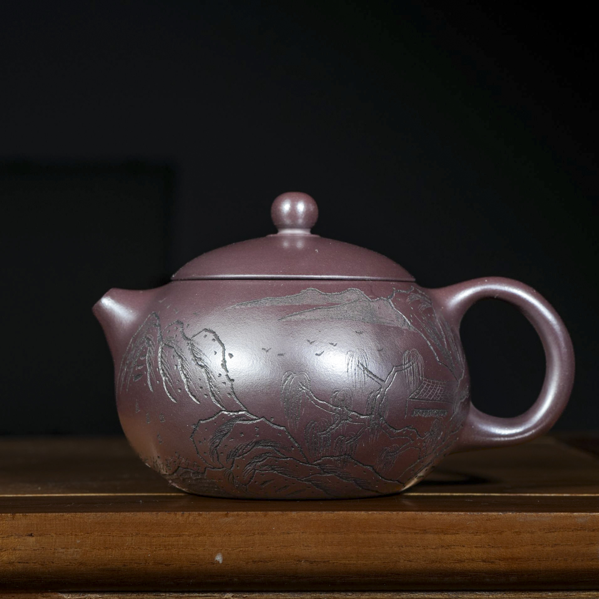 宜兴原矿家藏深井老紫泥书法刻绘《西施》紫砂手工紫砂壶容量280CC