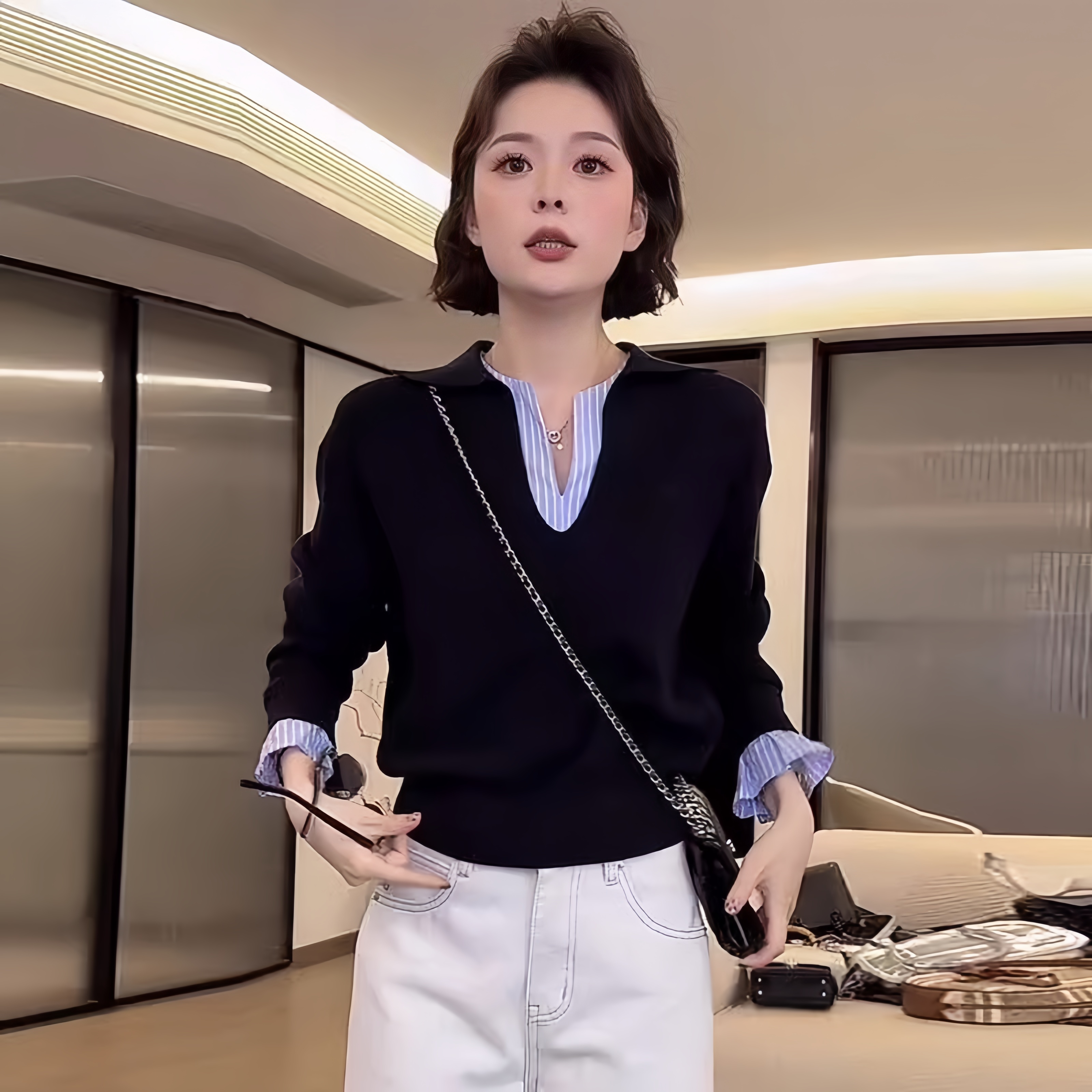 韩版撞色假两件拼接条纹针织衫春季新款洋气显瘦V领长袖百搭上衣