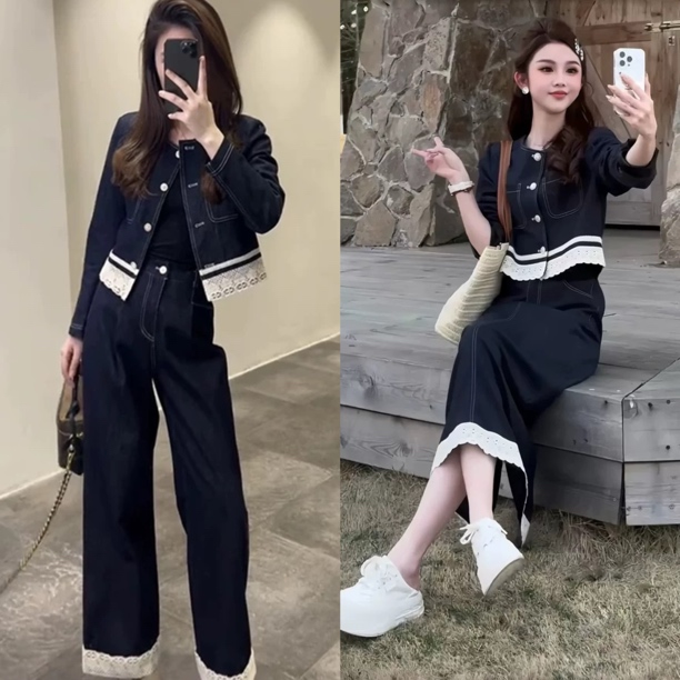 时尚蕾丝拼接圆领高腰长裤洋气显瘦牛仔套装670