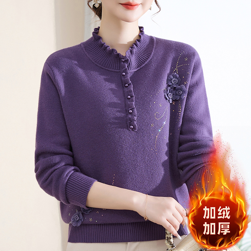 妈妈装加绒加厚毛衣半高领针织衫打底衫中老年女装一体绒保暖上衣