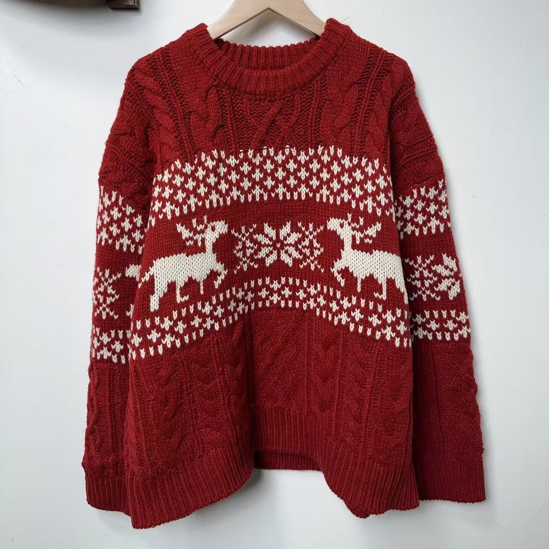 日系新年复古圣诞风提花红色套头毛衣圆领麻花针织上衣胸140长70