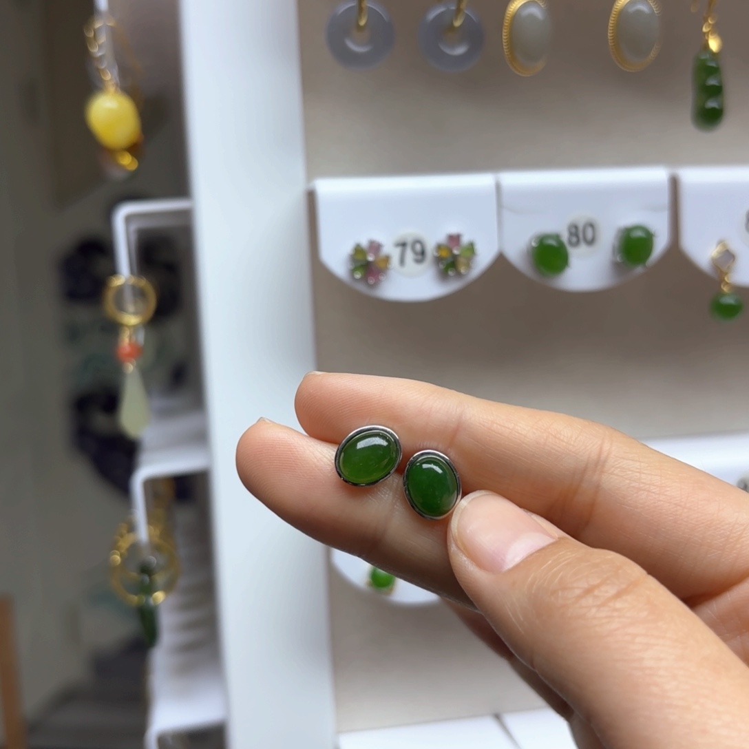 和田玉耳饰银S925镶嵌