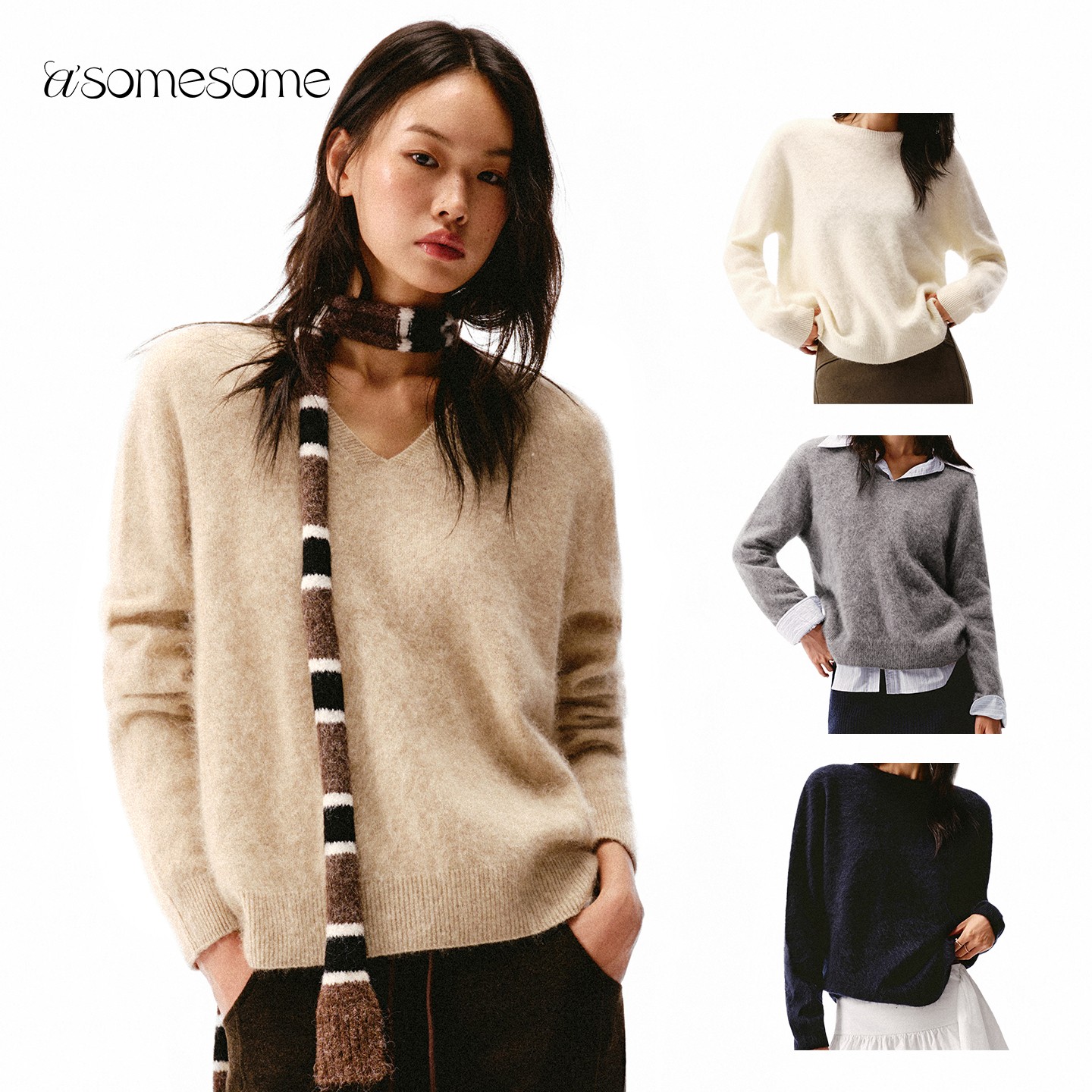 asomesome美式复古绵羊毛V领拉毛针织衫女毛衣山羊绒拍照必备衣服
