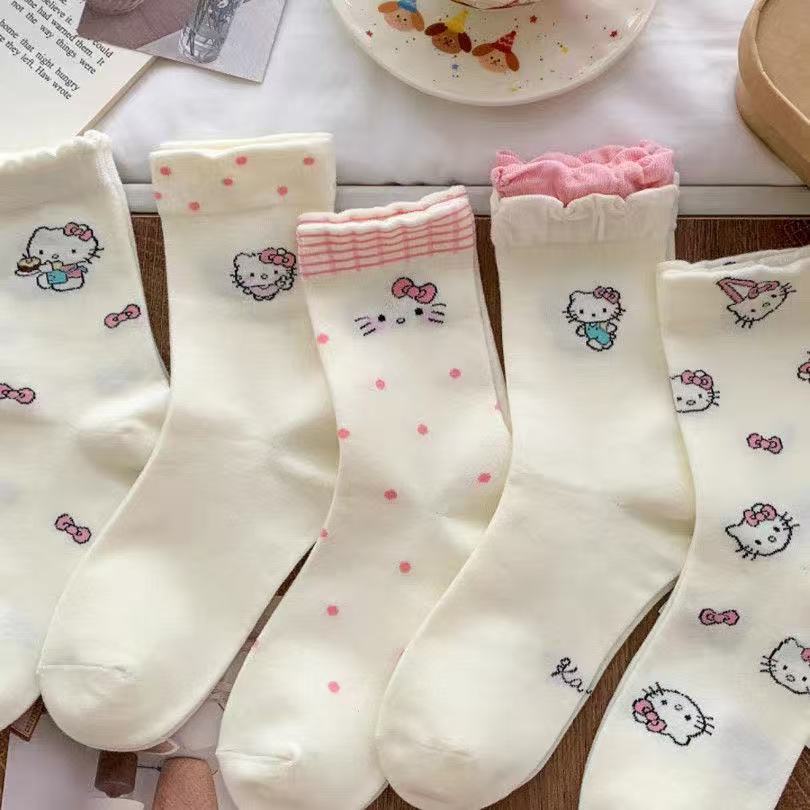夏季薄款kt猫袜子女中筒袜ins日系甜美卡通花边长袜白色长筒袜女