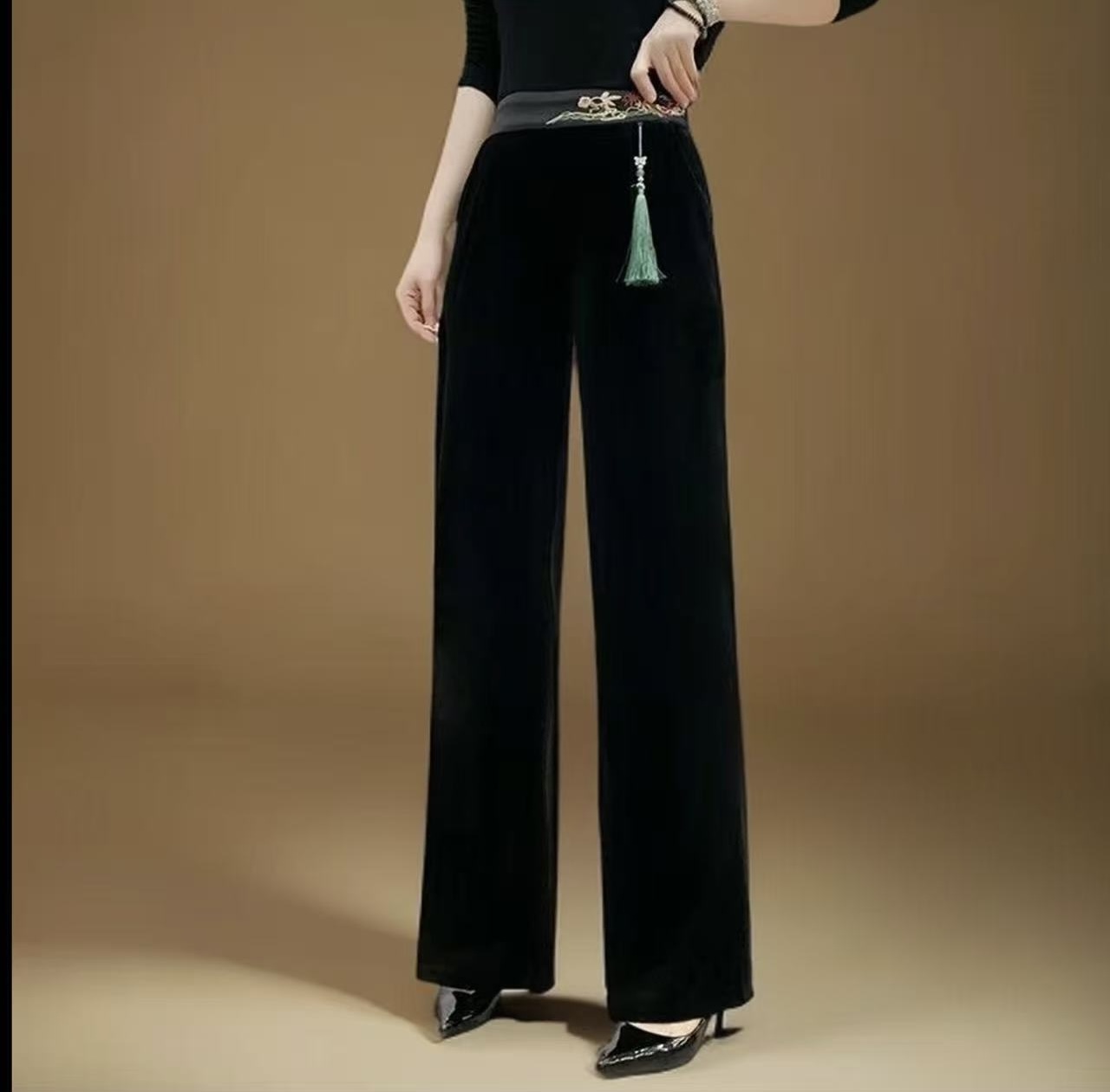 加绒加厚新中式丝绒流苏休闲高腰显瘦直筒裤2025秋季新品阔腿裤子