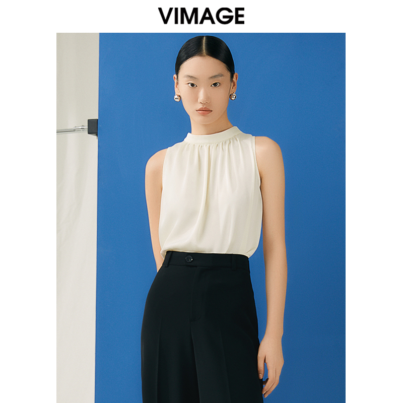 VIMAGE纬漫纪夏季新款时尚百搭纯色白色无袖简约小上衣V1913546