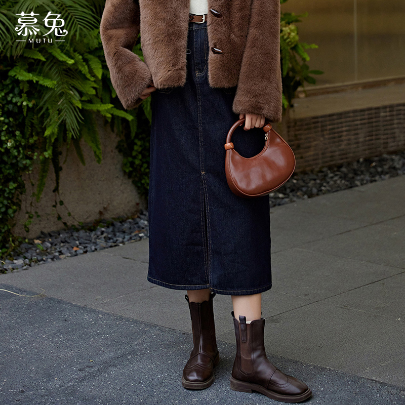 慕兔复古牛仔半身裙女2025春季新款小个子高腰中长款开叉a字裙子