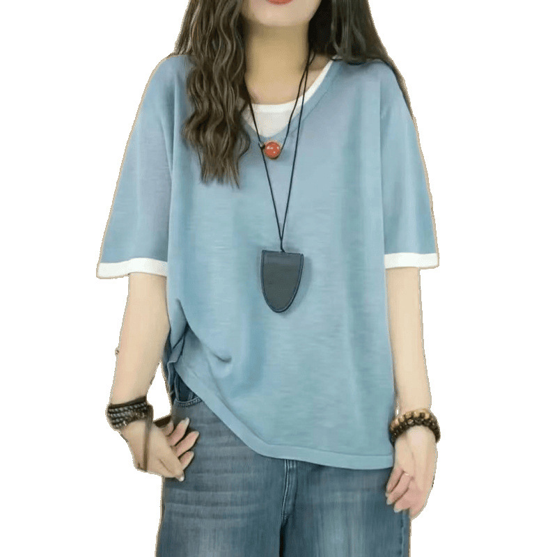 假两件韩版短袖夏季遮肉上衣T恤女宽松大码显瘦设计时尚休闲小衫