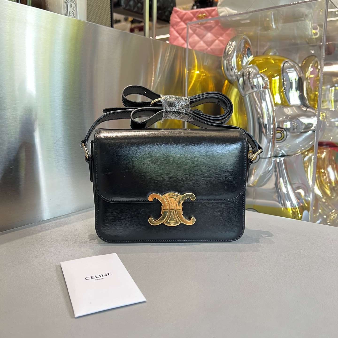 99新 Celine/思琳 凯旋门 teen 黑金单肩包斜跨包翻盖豆腐包