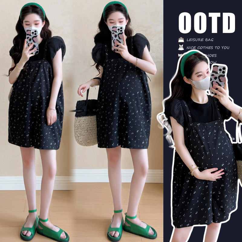 【程程家】高弹百搭珠光网纱袖碎花显瘦背带裤孕妇装