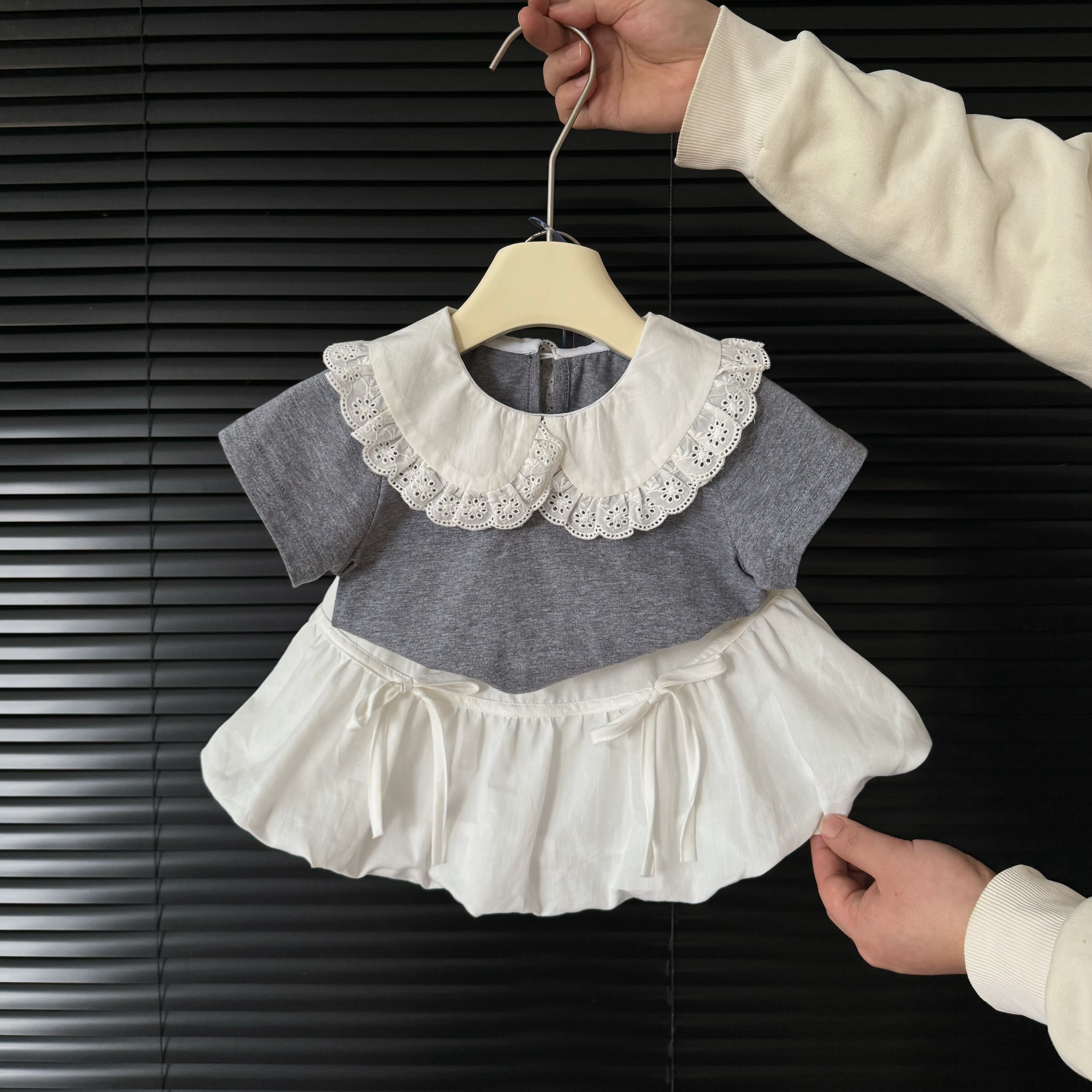 女童夏款娃娃领短袖上衣花苞裙两件套6015