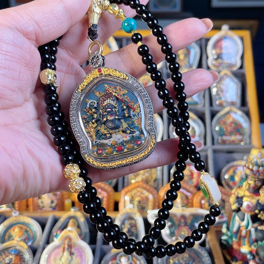 泥塑大黑天手绘擦擦吊坠925银壳有绳有礼盒